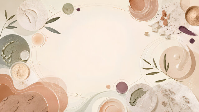Symmetric circular cosmetic swatch frame template with terrazzo stone textures and botanical elements
