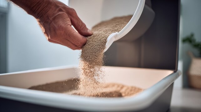 89.Man adding clean litter into cat toilet box, close up detail of pouring motion, practical home pet care concept