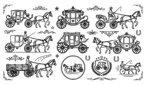 Vintage horse drawn carriage collection elegant transportation illustrations for historical designs