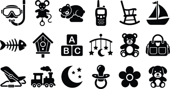 Baby Nursery and Childhood Toys Icon Set with Teddy Bear, Blocks, Pacifier, Train, and Newborn Essentials for Web, Print, and Creative Graphics