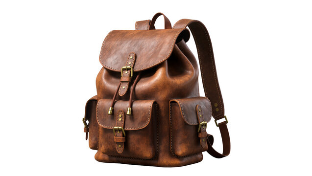 Brown leather rucksack with buckles and drawstring closure