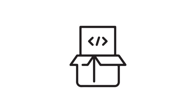 Minimalist coding icon vector, software development package symbol, programming script in open box, web engineering line art graphic
