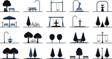 Urban City Park Silhouette Icon Set with Benches, Trees, Picnic Tables, Fountains, Swings, and Decorative Street Lights for Landscape Architecture and Map Designs © rumi