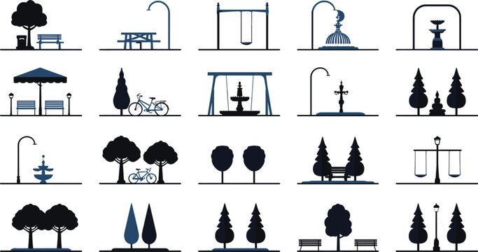 Urban City Park Silhouette Icon Set with Benches, Trees, Picnic Tables, Fountains, Swings, and Decorative Street Lights for Landscape Architecture and Map Designs