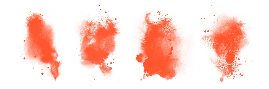 Set of abstract orange watercolor splash on transparent background. Texture ink paint brush stains. Powder splatters spot. Watercolour pastel splash ccollection