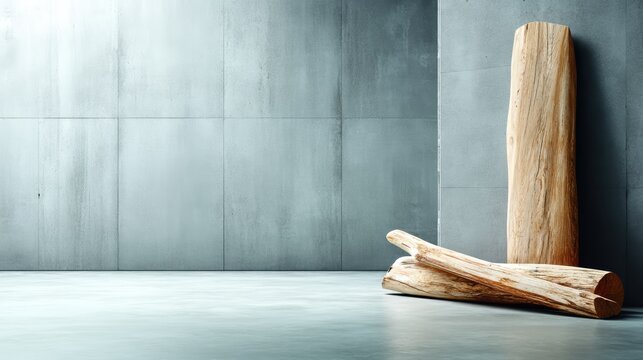 A minimalist room with a concrete wall and floor, featuring three wooden logs.