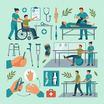 Vector illustration of physical therapy and rehabilitation exercises