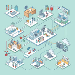 Fototapeta premium Isometric vector illustration of a laboratory workflow diagram