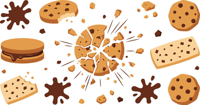 Chocolate chip cookies vector illustration explosion element set featuring exploding crunchy pieces crumbs bitten biscuits sandwich bar snacks and liquid splash droplets.