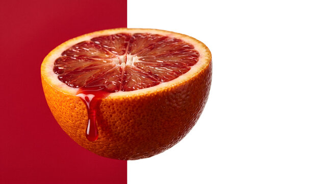 Fresh blood orange half cut open on vibrant red background minimal composition