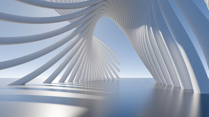 Fototapeta premium Futuristic white geometric structure with curved lines and architectural shapes on a blue sky background, minimalist modern 3D rendering illustration