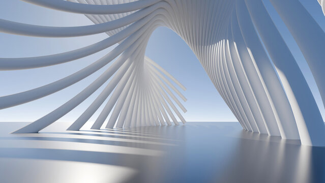 Futuristic white geometric structure with curved lines and architectural shapes on a blue sky background, minimalist modern 3D rendering illustration