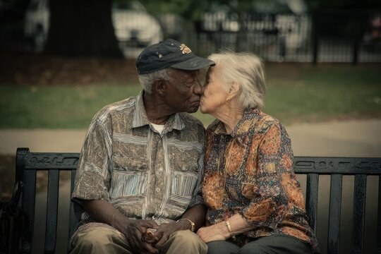 Elderly couple kissing on park bench