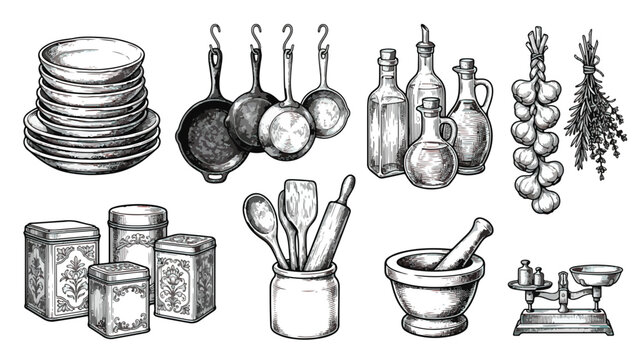 Vintage kitchenware vector collection, hand drawn rustic kitchen tools and utensils, engraved style culinary equipment for restaurant menu design