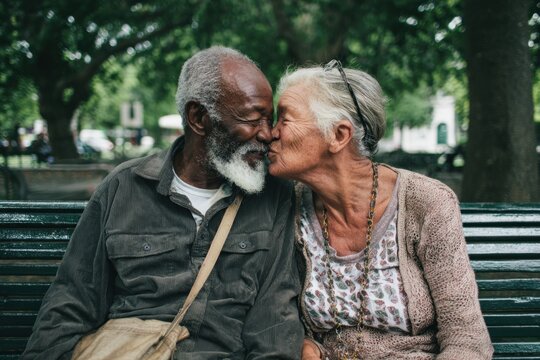 Affectionate senior couple kissing outdoors