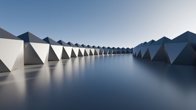3D geometric abstract background featuring a curved row of low poly pyramid structures on a glossy reflective floor under a clear blue sky