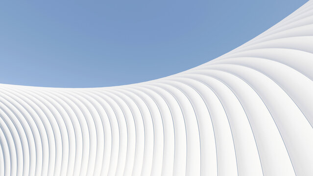 Abstract white wavy parametric lines structure against clear blue sky, minimalist futuristic geometric architecture pattern 3D rendering