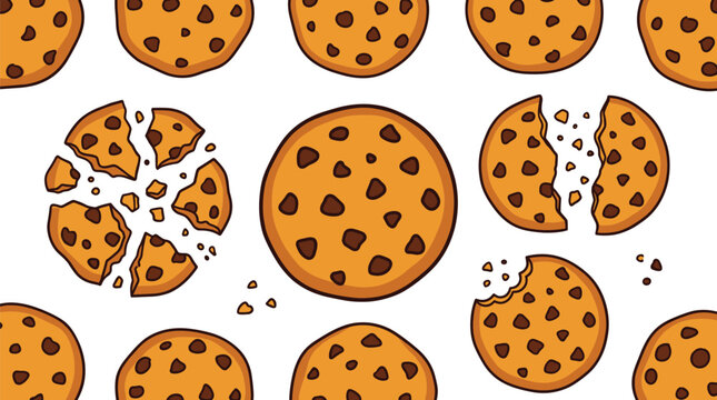 Chocolate chip cookies vector illustration pattern collection featuring whole baked biscuits broken pieces crumbles and crunchy bitten snacks isolated on white.