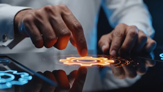Close up of businessman hands interacting with glowing digital gear icons on a futuristic touch screen interface representing automation and technology