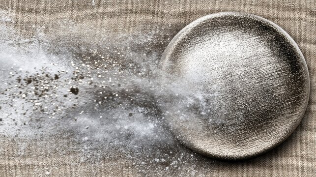 A metallic sphere colliding with a white powdery substance, creating a dynamic and visually striking image.