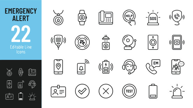 Emergency alert and medical assistance line icon set. SOS button, panic alarm, fall detection, smartwatch alert, siren light, call center, safety pendant, fire alarm. Simple outline signs. Editable St