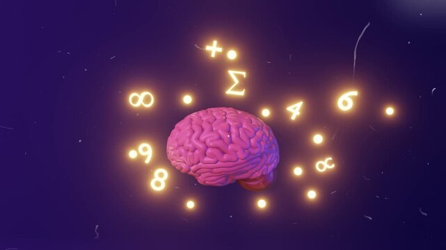 Animated brain with glowing mathematical symbols floating around