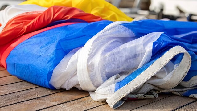 Folded nylon spinnaker sail on wooden deck, colorful textures.