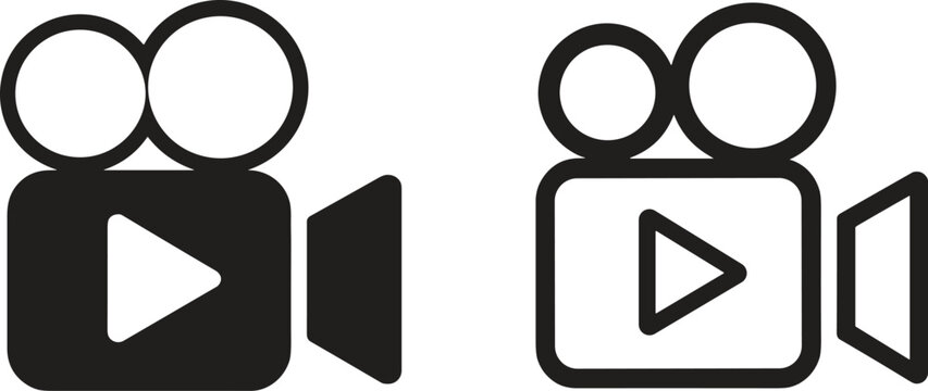Cinema projector line icons, solid and outline movie camera symbols, digital multimedia player button for video, entertainment, film