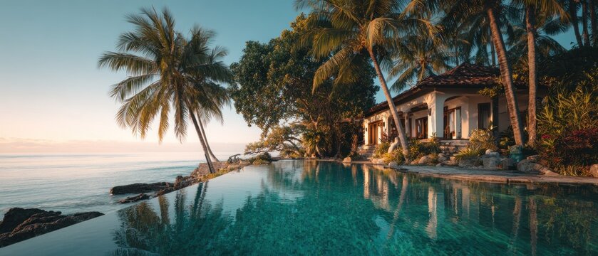 Luxury villa with pool by the ocean daytime