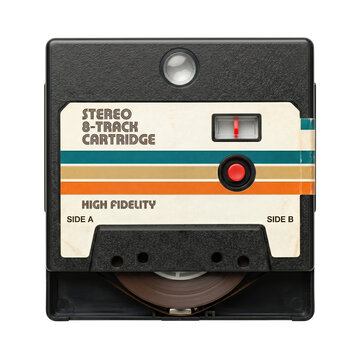 8-Track Audio Cartridge Tape with Retro Striped Label and Black Plastic Casing Isolated on Black Background for Vintage Music Production Layouts