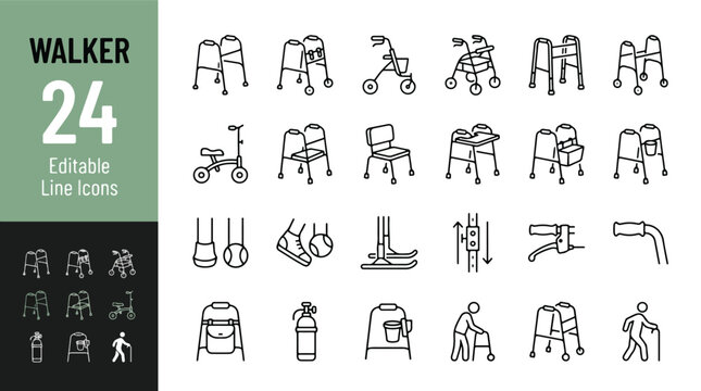 Walker, mobility aid line icons set. Rollator, knee walker, medical equipment, rehabilitation, elder care, senior support minimal vector illustrations. Simple outline signs. 48x48 Editable Stroke.