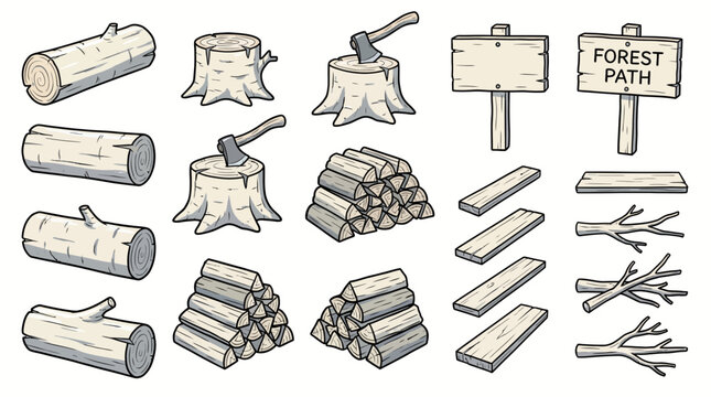 Collection of wood logs tree stumps with axes stacks of firewood wooden signs planks and branches set on white, representing forestry management and sustainable lumber production resources