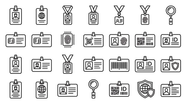 Collection of professional identification card icons and badge symbols in thin line style on white background, representing corporate security access and symbolizing employee identity management