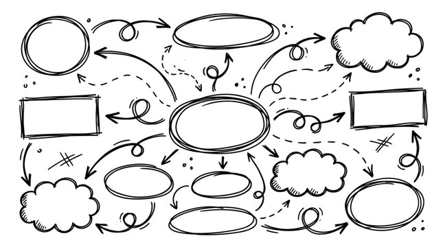 Hand drawn black ink doodle mind map sketch with empty frames and curved arrows on white background, provides creative brainstorming layout and symbolizing business planning structure