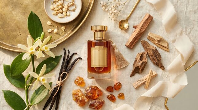 Perfume bottle with vanilla beans, amber, and flowers on a table with gold tray