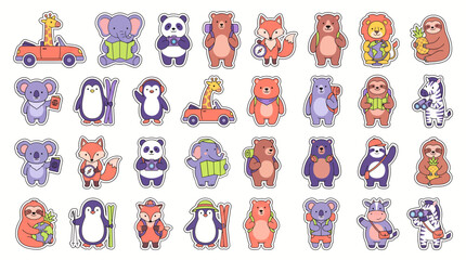 Fototapeta premium Large collection of cute cartoon animal travel stickers featuring diverse hiking characters with backpacks and maps, provides creative materials for children and symbolizes adventure activities