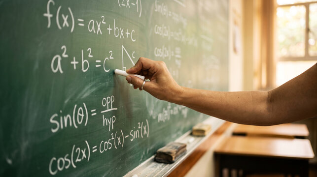 Hand writing complex math formulas on a chalkboard in a classroom