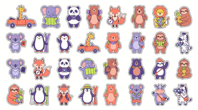 Large collection of cute cartoon animal travel stickers featuring diverse hiking characters with backpacks and maps, provides creative materials for children and symbolizes adventure activities