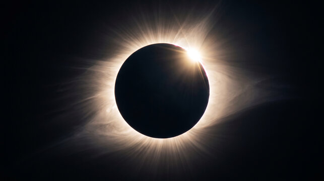Spectacular total solar eclipse with glowing diamond ring effect and solar corona in dark space