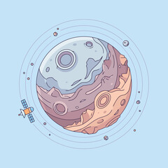A stylized cartoon planet with a small satellite in orbit © Javier