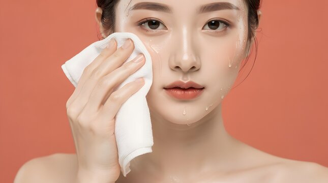 Woman cleanses her face with a soft white cloth to remove daily makeup impurities.