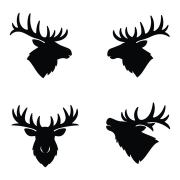 Set of four black silhouettes of elk heads with large antlers facing different directions and expressions.