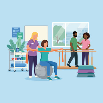 People do physical therapy exercises with doctors in a clinic