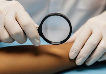 Fototapeta premium Closeup of a medical professional examining a patients skin with a magnifying glass, wearing gloves for hygiene
