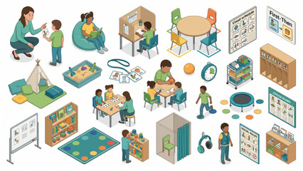 Naklejka premium Autism Friendly Classroom with Structured Seating Visual Schedules Calm Zones and Communication Tools