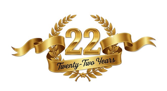 Golden Twenty Two Years Anniversary Emblem with Laurel Wreath and Ribbon on White Background