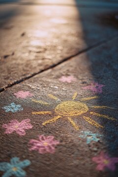 Child drawing of a yellow sun and colorful flowers made with sidewalk chalk on concrete pavement. Creative activity and outdoor play for leisure. Summer season childhood imagination.