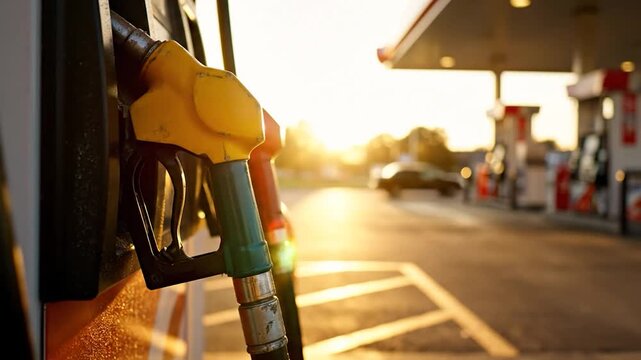 Close up of fuel pump nozzles at a gas station during a warm golden hour sunset