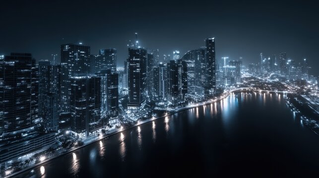 Night cityscape with modern skyscraper and illuminated building. Panoramic view of downtown metropolis near river. Urban development, night life and infrastructure at night time.