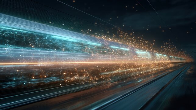 High speed train moving through night landscape with motion blur lines. Futuristic rail transport concept showcasing rapid travel. Advanced technology and fast connection digital effect.